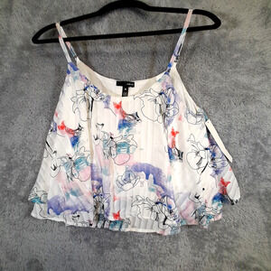 AQUA Womens Camisole Large Floral Print Top White Blue Flaring Sweetheart Neck